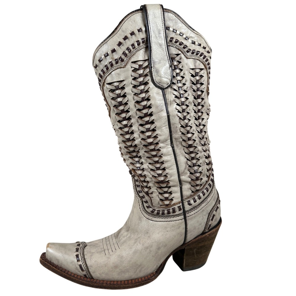 Corral Braided Leather Western‎ Cowboy Boots Glitter Heel snip Toe cream white